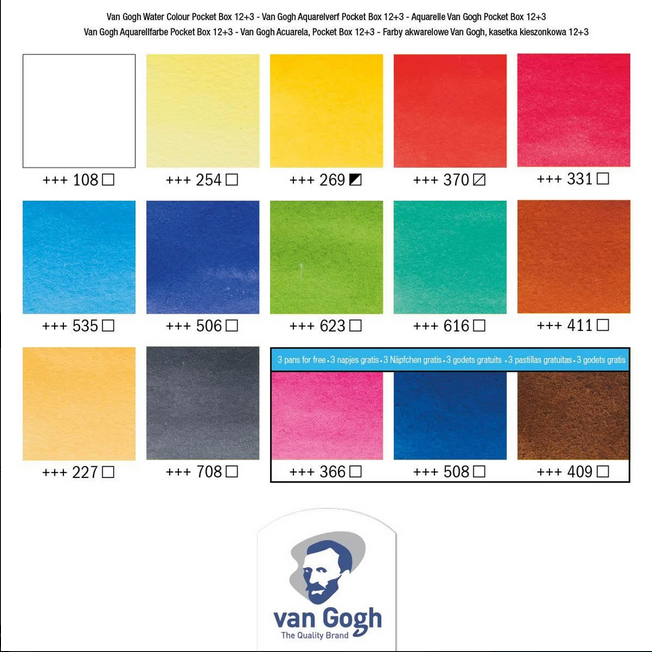 Van Gogh Akvarel pocketbox, Basisfarver, 12 half pans + 3 ekstra