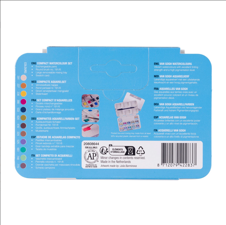 Van Gogh Akvarel pocketbox, Dæmpede farver, 12 farver+pensel