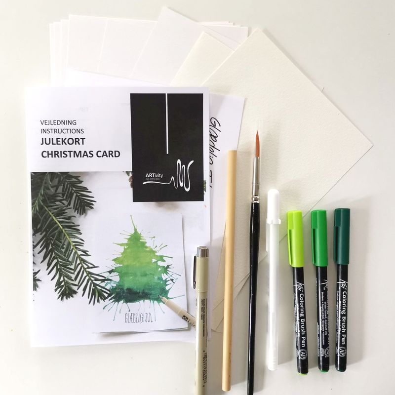 Julekort med akvarel juletræer inkl. workshop