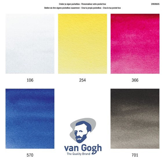 Van Gogh Akvarel pocketbox, med primærfarver, sort, hvid + 7 tomme pladser