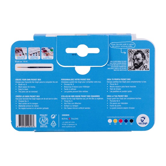 Van Gogh Akvarel pocketbox, med primærfarver, sort, hvid + 7 tomme pladser
