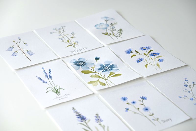 blue wildflowers blomsterkort akvarel