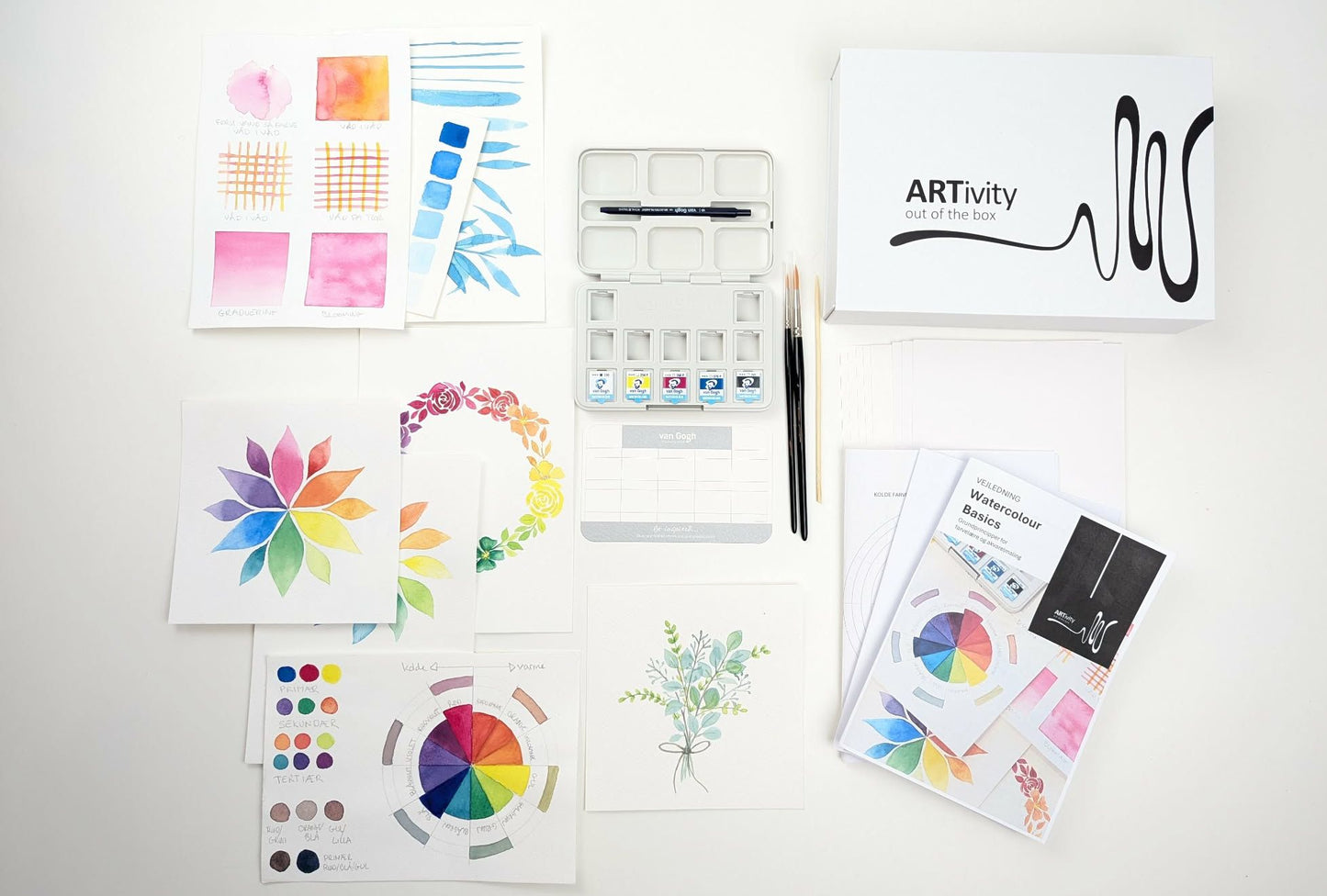 Digitalt akvarel kursus til begyndere med guide til farveteori, farvecirkel og akvarelteknikker.