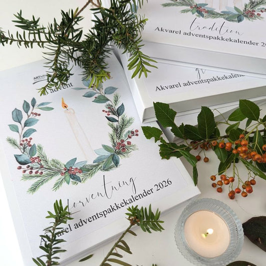 Akvarel adventskalender 2026 inkl. materialer og videovejledning til skønne juleprojekter