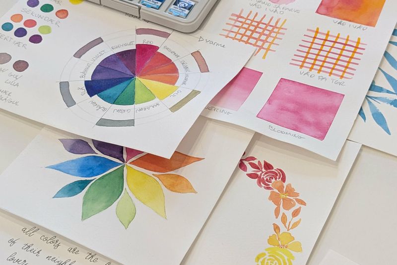 Akvarel øvelser med farvecirkel, farveblanding og akvarelteknikker fra kreativt akvarel startkit.