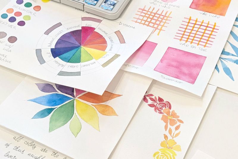 Printbare akvarel øvelser med farvecirkel og farveblanding fra digital akvarel guide.