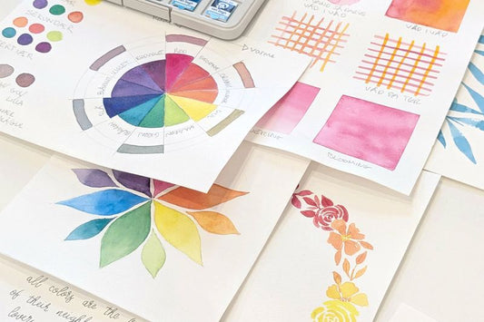 Printbare akvarel øvelser med farvecirkel og farveblanding fra digital akvarel guide.